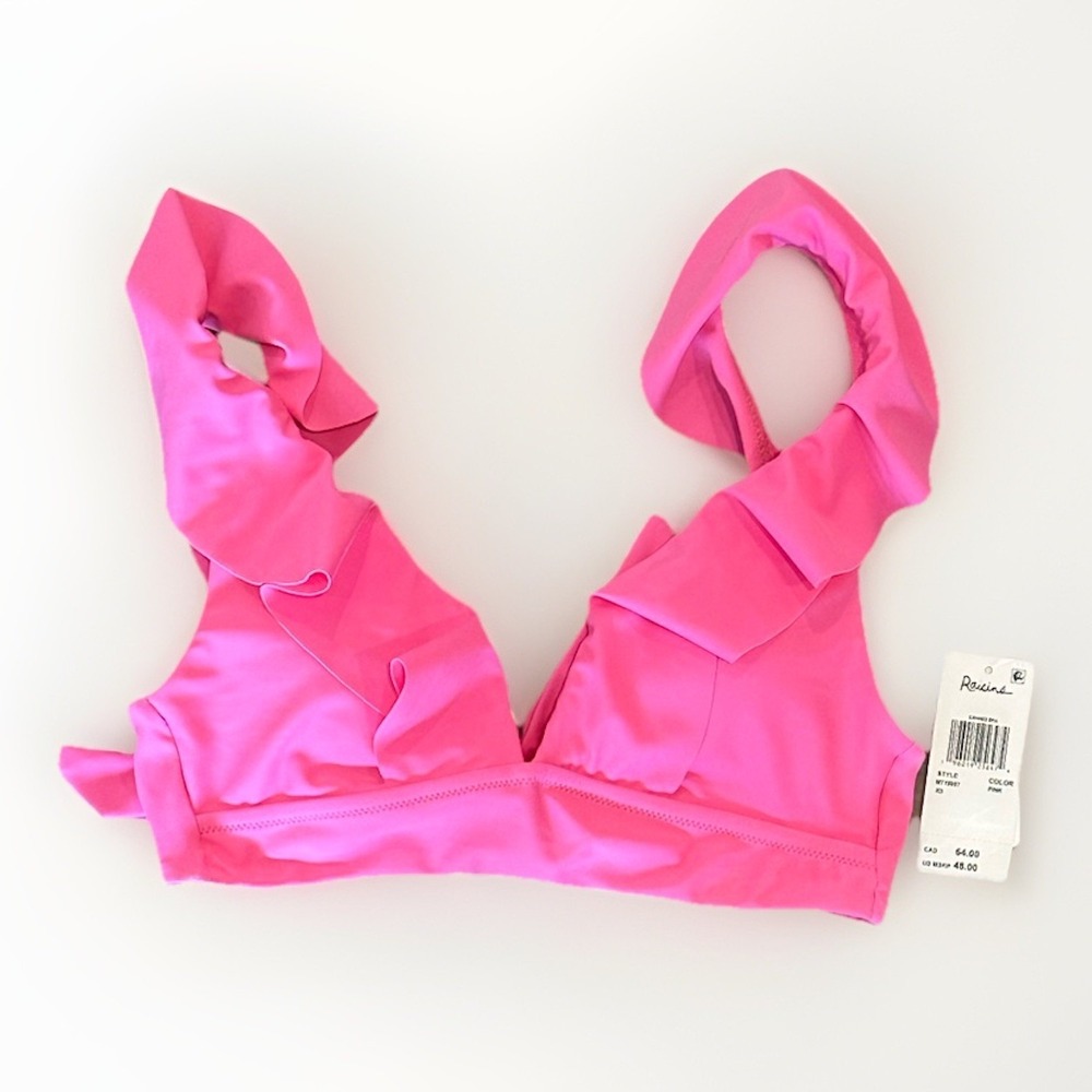 Raisins Juniors' Canne Ruffle Trim V-Neck Bikini, Pink, Size Medium, New